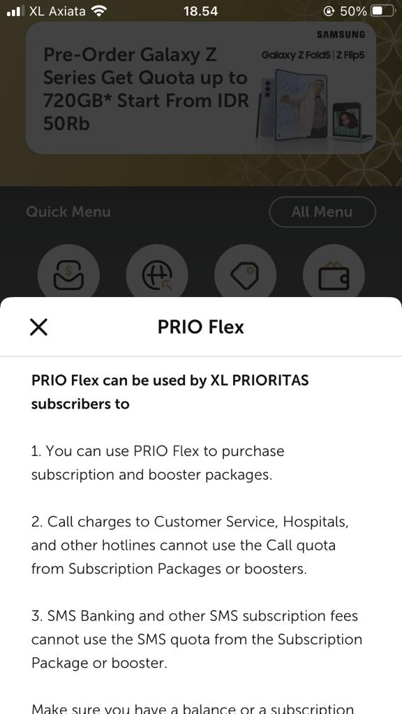PRIO Flex documentation within the myXL mobile application